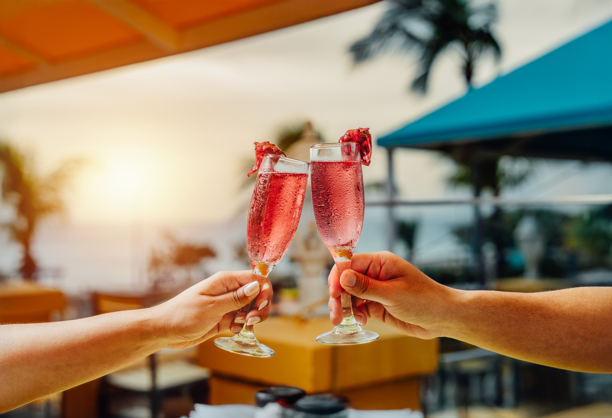 Two pink sparkling cocktails being raised for a sunset toast